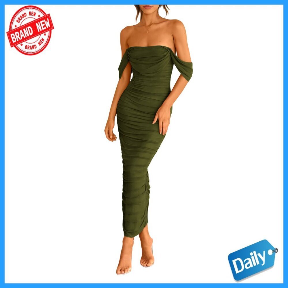 Off Shoulder Ruched Bodycon Maxi Dress Backless Split Hem Formal Party